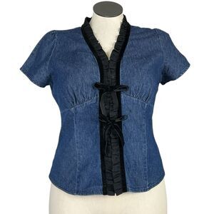 Boston Proper Denim Top Women 16 Blue Ruffle Cap Sleeve Button Velvet Tie Front